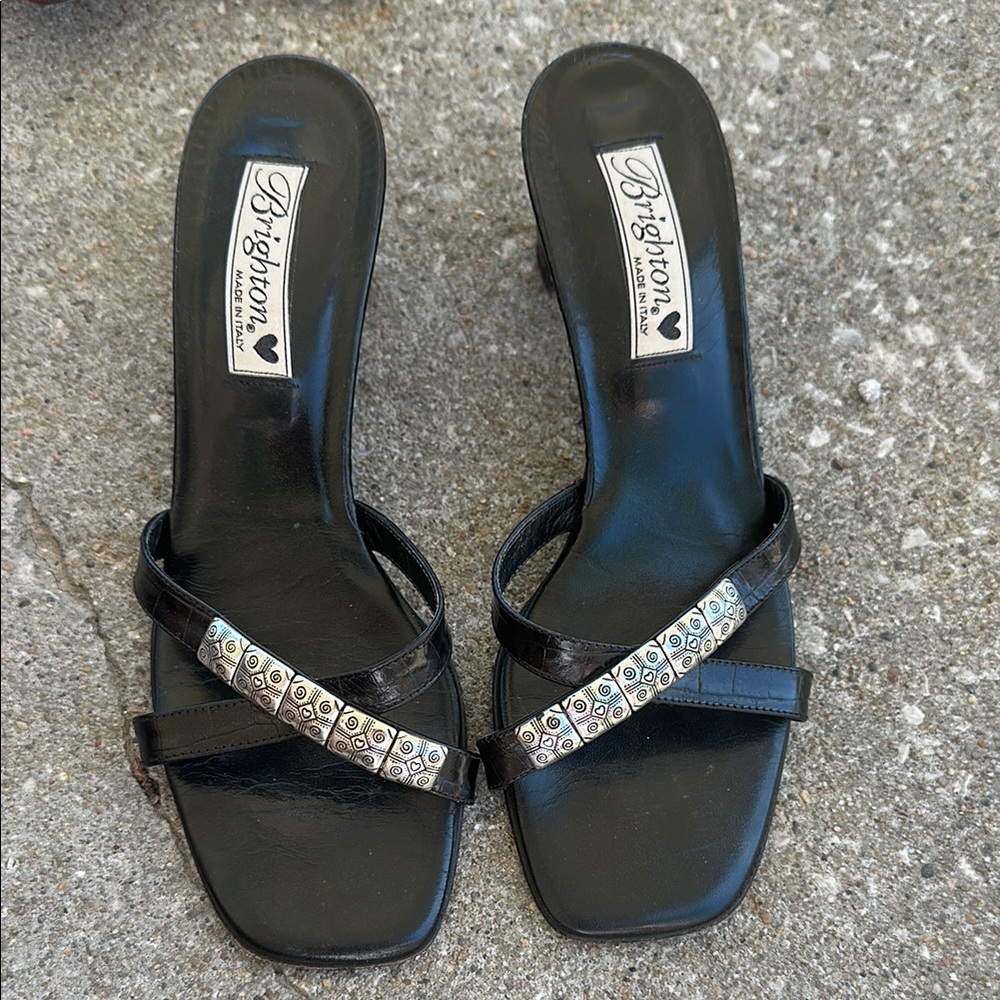 Brighton Black and Silver Slide Sandals with Rhinestone Embellishments